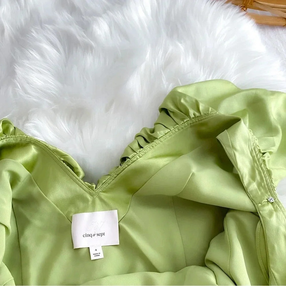 NWOT Cinq a Sept Petunya Ruffle Silk Midi Dress Prickly Pear Green V-neck Satin - Picture 10 of 14